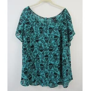 Torrid 3X Teal Black Skull Roses Short Sleeve Blouse Flowy Halloween Spooky